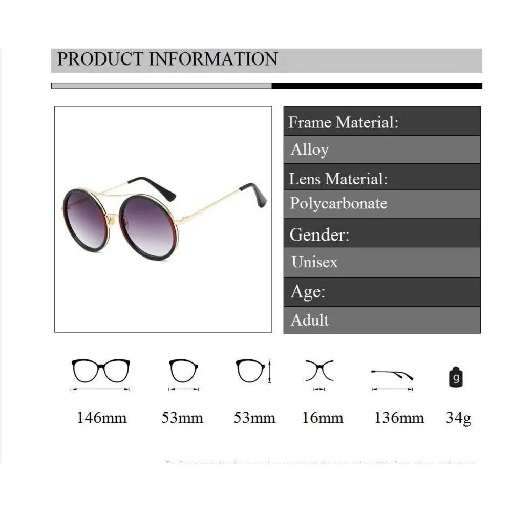 Women Fashion Designer‎ XL Sunglasses Gold Black Red Green Frame Round Hip Hop